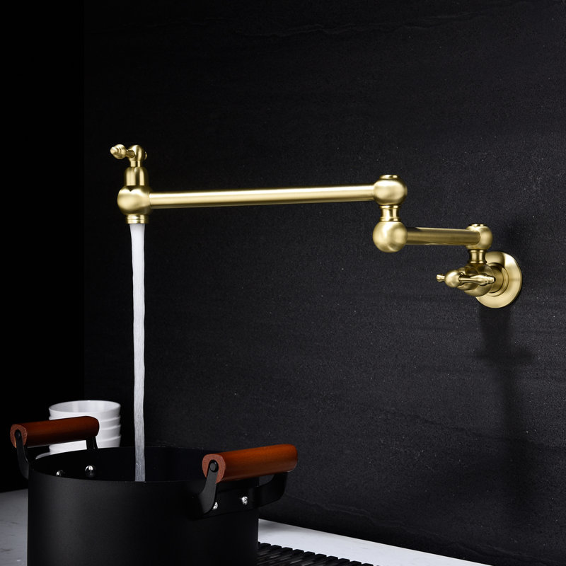 Gold Brass Pot Filler Faucet Wall Mount With Arm Advantageous Function, Double Handles For Fine Water Flow Control, Corrosion Surface Protection System, Serene And Aerator Design, Optimal Regulation,