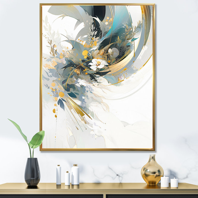 «Turquoise and Gold Mosaic Echoes II», reproduction sur toile, H 44 po x l 34 po x P 1,5 po, Cadre flottant doré