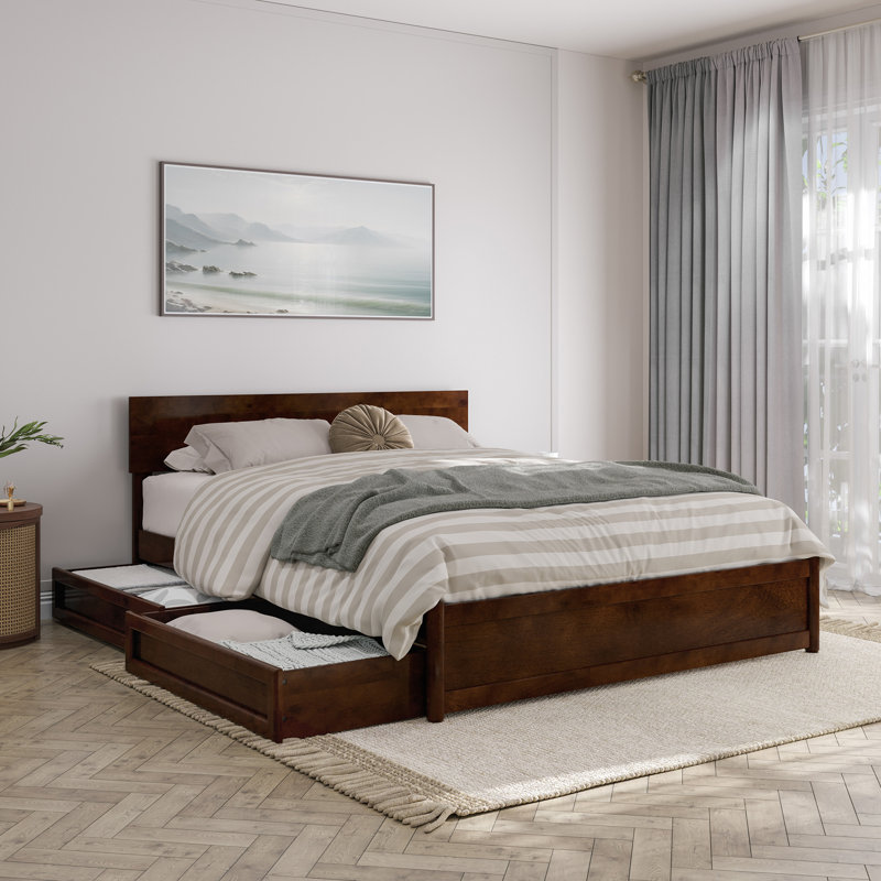 Lamecia Platform Bed with Panel Footboard and Storage Drawers, Walnut, Queen