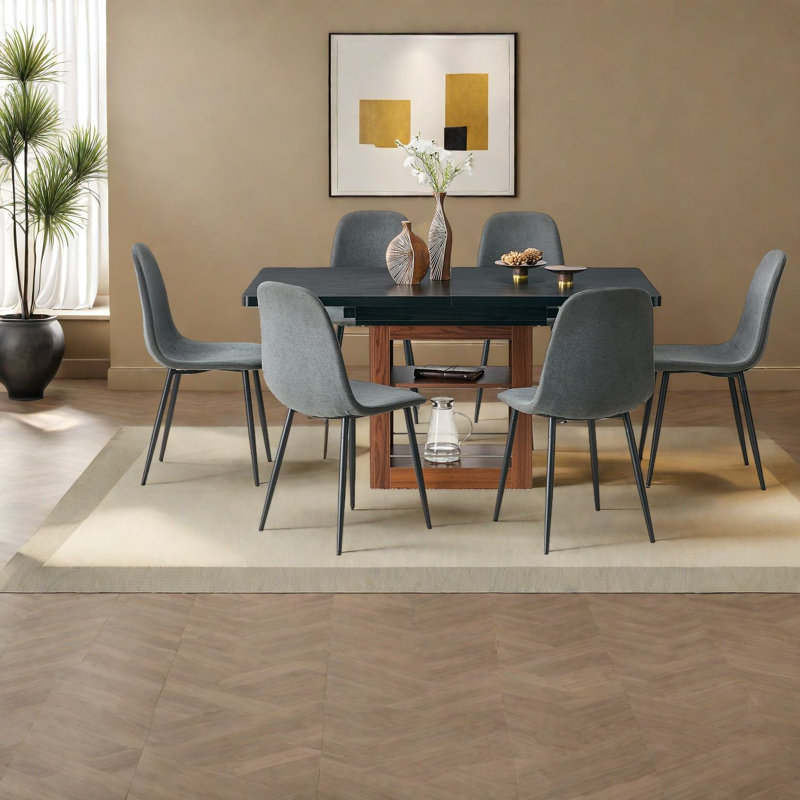 Ensemble de table de salle à manger extensible moderne avec rangement, lin gris foncé