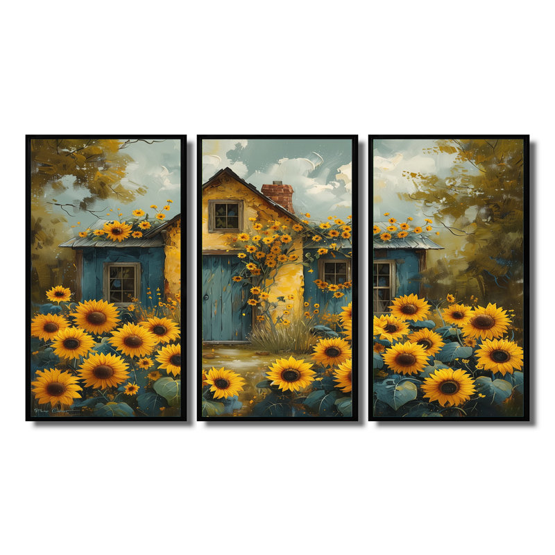 Jaune jaune brun champ de tournesols à la grange - ensemble de tournesols d'art mural, Toile avec cadre flottant noir