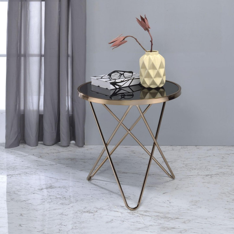 Table ronde avec plateau en verre noir et finition champagne, Noir transparent, Champagne