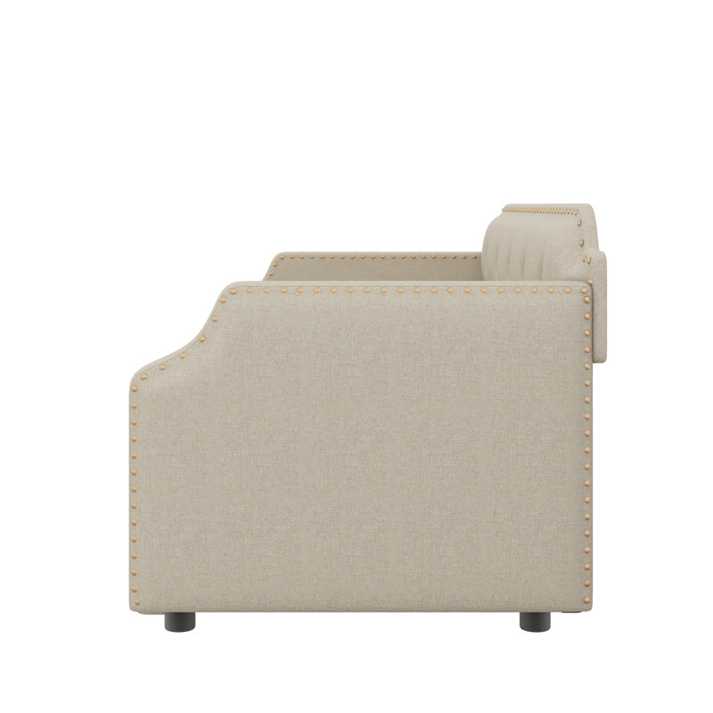 Twin Fabric-Covered Daybed With Pull-Out Trundle, Beige