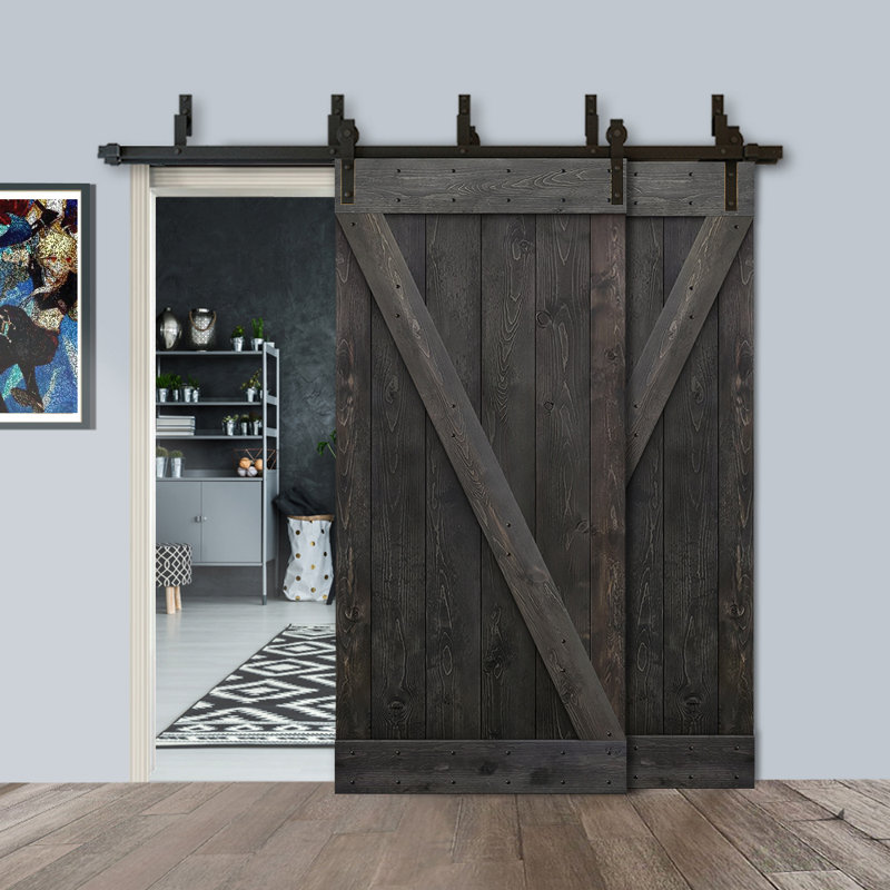 Porte de grange à panneaux et en bois avec quincaillerie d'installation, 44 po x 84 po, Noir anthracite