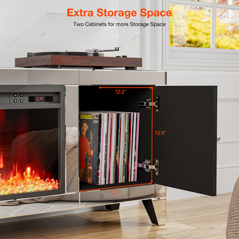 Mirrored Silver Fireplace TV Stand With 2 Cabinets For 65 Inch Tvs