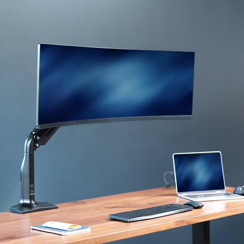 Black Aluminum Ultrawide Monitor Desk Mount with USB Ports