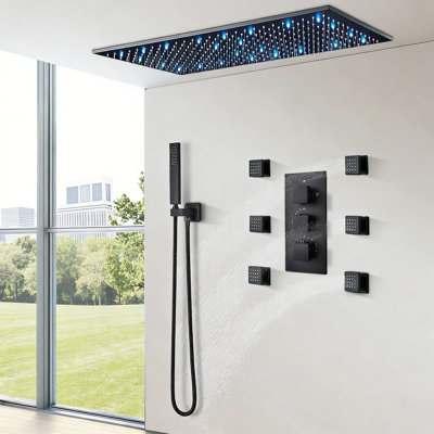 Nabiyy Matte Black Ceiling Mount Rain Shower System - LED Recessed Shower Set with 6 Body Jets & Handheld Wand for Bathroom