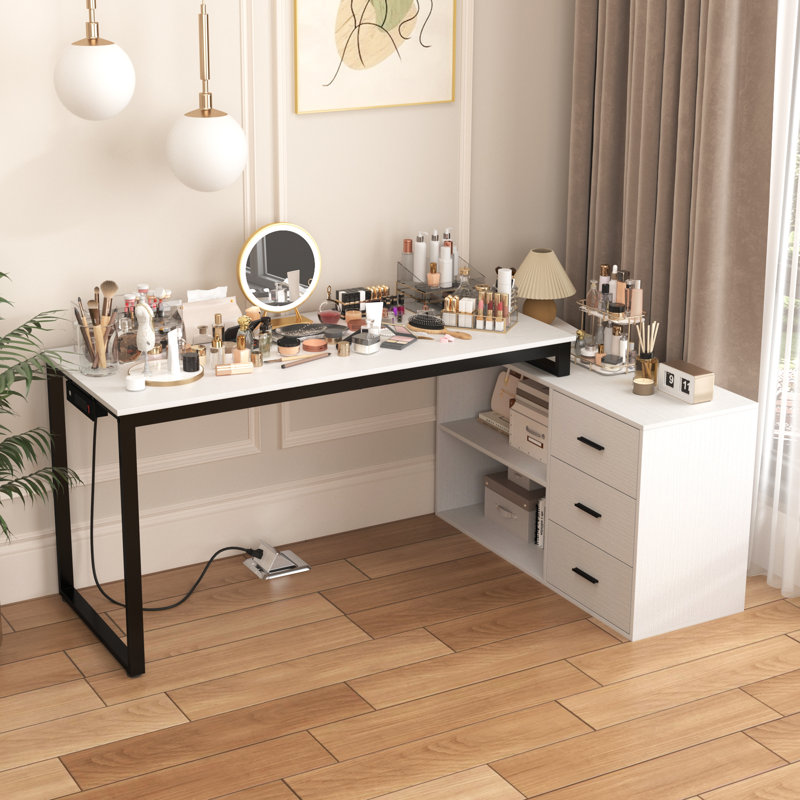 Makeup Vanity With 3 Drawers, Shelf Storage And Power Outlet