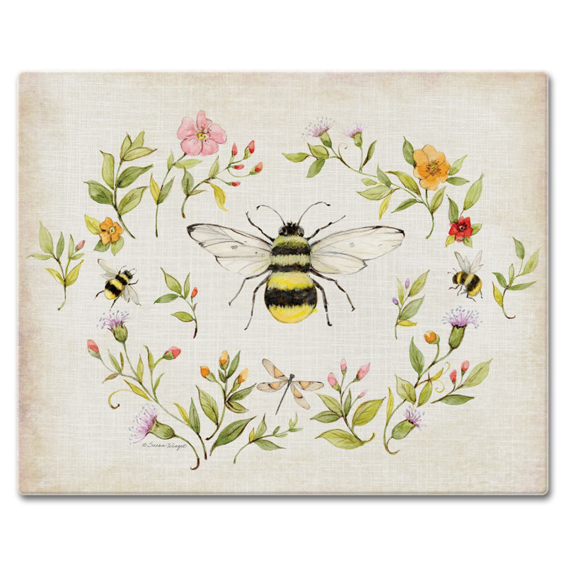 Bee Wreath Rectangular Tempered Glass Cutting Board 15" x 12"