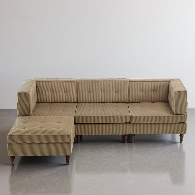 4 - Piece Upholstered Tufted Corduroy Modular Corner Sofa with Pillow Back and Removable Flip-Tray Top Storage Ottoman 
