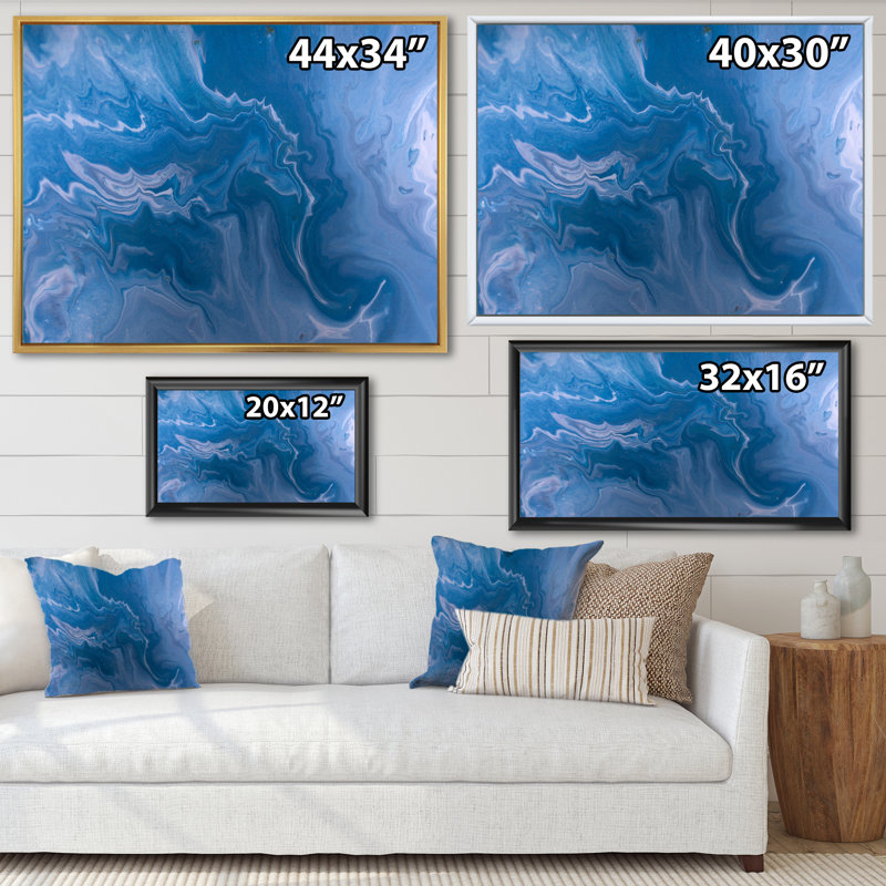 Marbré bleu abstrait avec paillettes dorées - peinture sur toile, H 25 po x l 33 po, Cadre doré