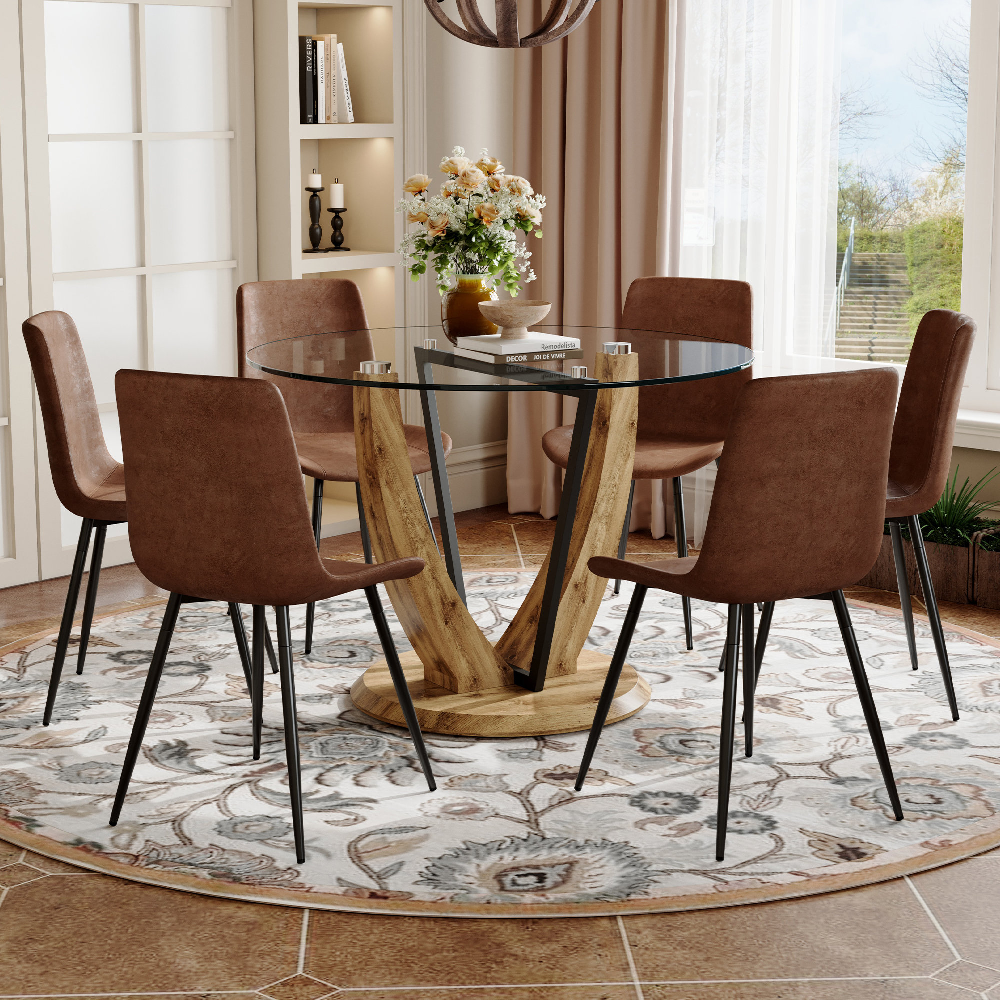 17 Stories -inch Round Clear Tempered Glass Dining Table With V