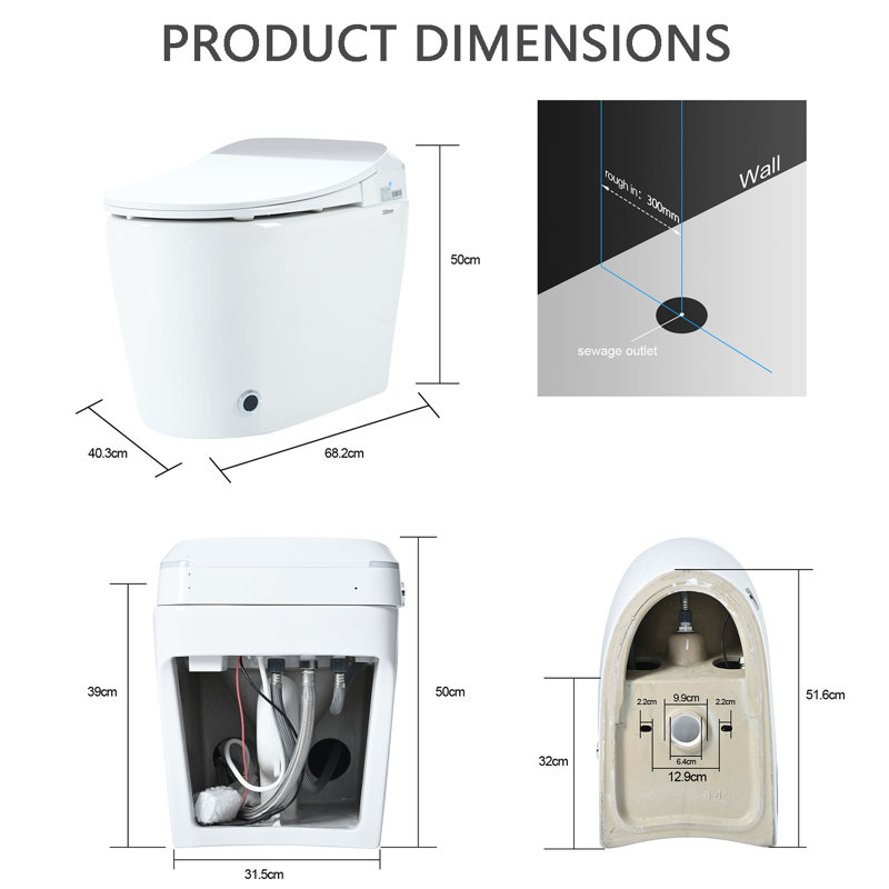 Toilette intelligente à siège chauffant avec commande de chasse et de bouton activée par le pied