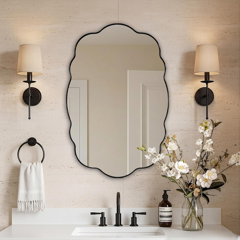Miroir de salle de bain contemporain ondulé ovale festonné | Cadre en acier inoxydable, Noir mat, 40 po x 30 po