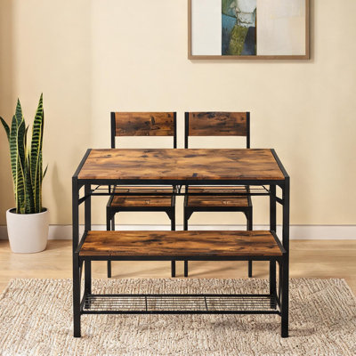 Ensemble de table de salle à manger en MDF et métal avec rangement, étagères et détails en bois massif, 4 pièces