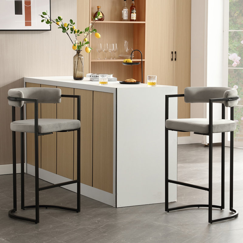 Kojno Modern Upholstered Stool, Bar Stool (30" Seat Height), Gray Seat/Black Frame