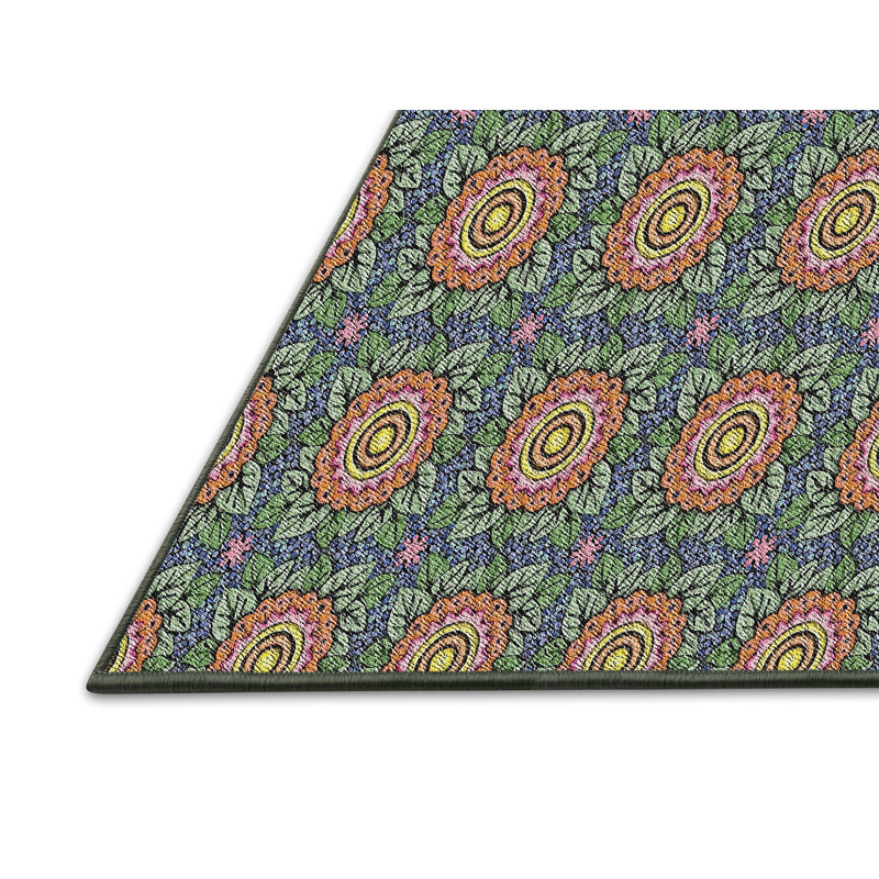 Tapis vert / jaune en laine / polyester tissé à la machine à motif géométrique, Rectangle 5 pi x 7 pi