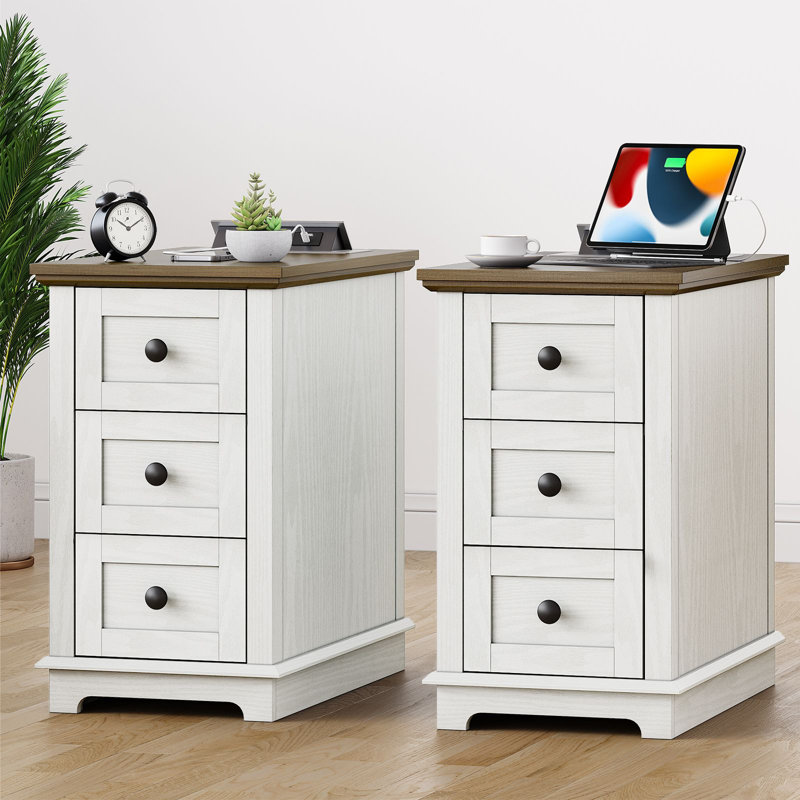 3 Drawers Sets End Tables with Storage and Fast Charging Station, White, Brown