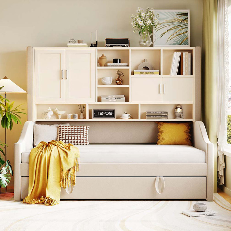 Upholstered Daybed with LED Armrest Lights, Storage Shelves & Cabinets, Pull-Out Lift-Up Twin Trundle, Beige