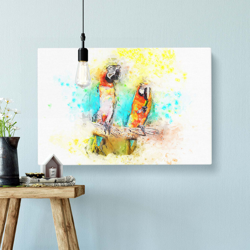 Two Macaw Parrots On A Branch In Abstract - Wrapped Canvas, 35cm H x 50cm W x 3cm D