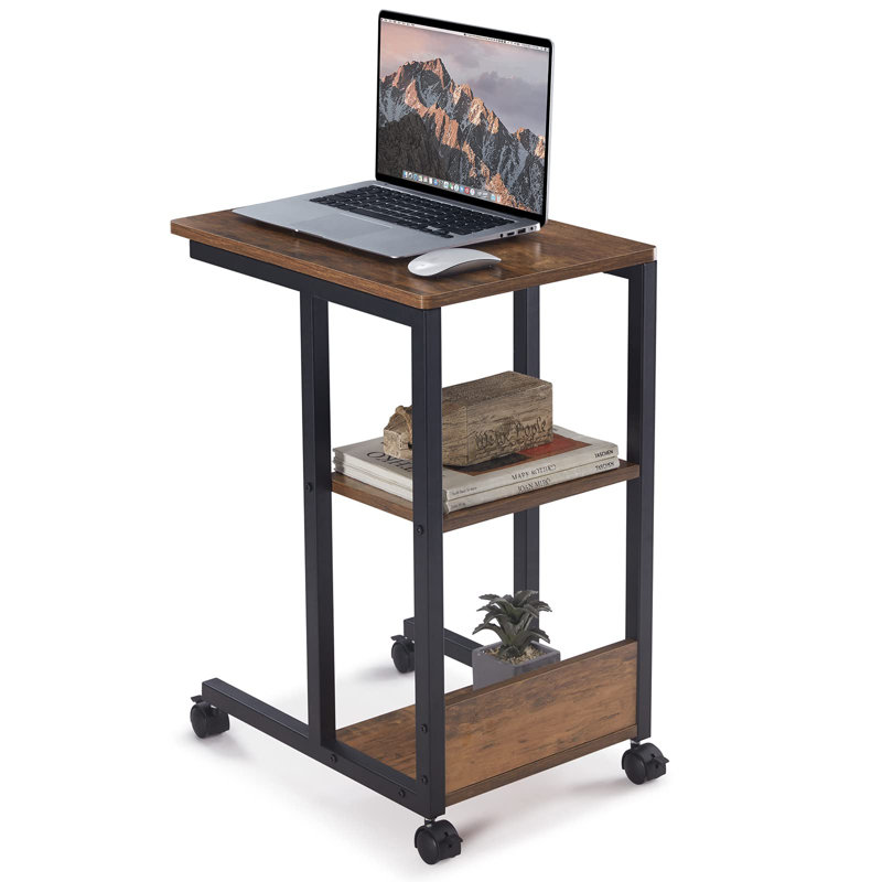 C-Shaped Side End Table With Wheels, Brown, Black