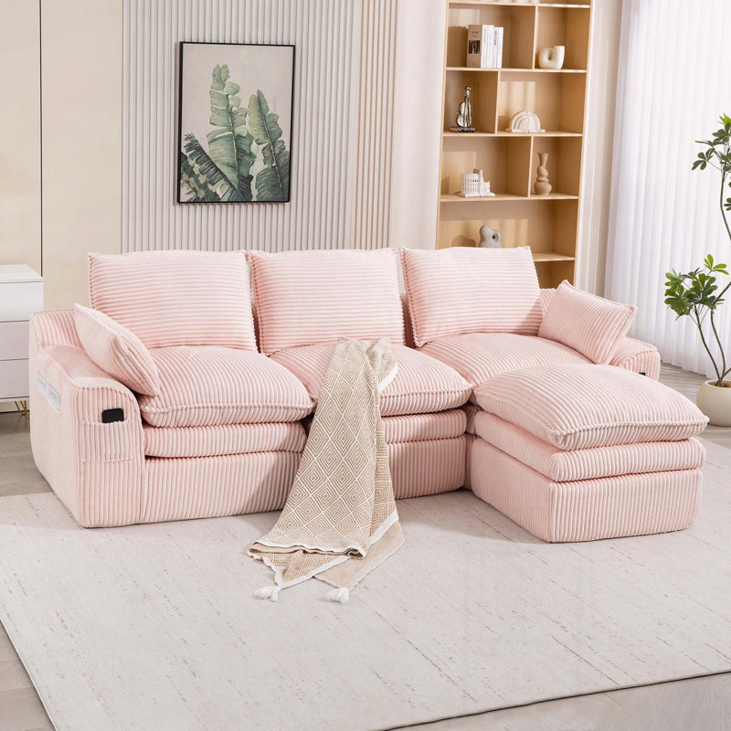 Canapé modulaire en L compressé en tissu velours côtelé, sans assemblage, Rose
