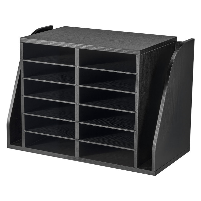 Literature Organizer, 12 Compartments Office Mailbox with Side Vertical Storage, Wooden Mailbox Sorter Made of Particle Board, Countertop Office Home  Organizer for File, Document, Paper, Black