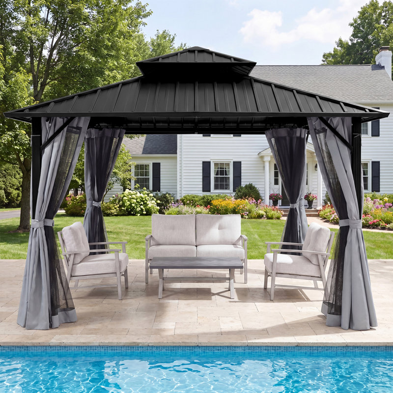 10 Ft. x 10 Ft. Outdoor Aluminum Hardtop Gazebo, Double Roof Patio Gazebo with Curtains and Netting, Ventilated Metal Roof Outdoor Shelter for Backyard, Garden, Deck and Patio, Gray