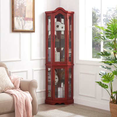 Lighted Corner Curio Cabinet With Tempered Glass Doors & Shelves - Elegant Cherry Display Case With Bulb