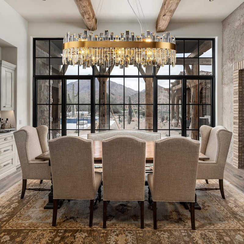 Lustre rectangulaire réglable en cristal avec finition en laiton doré à 16 lumières, hauteur personnalisable pour îlot de cuisine de salle à manger