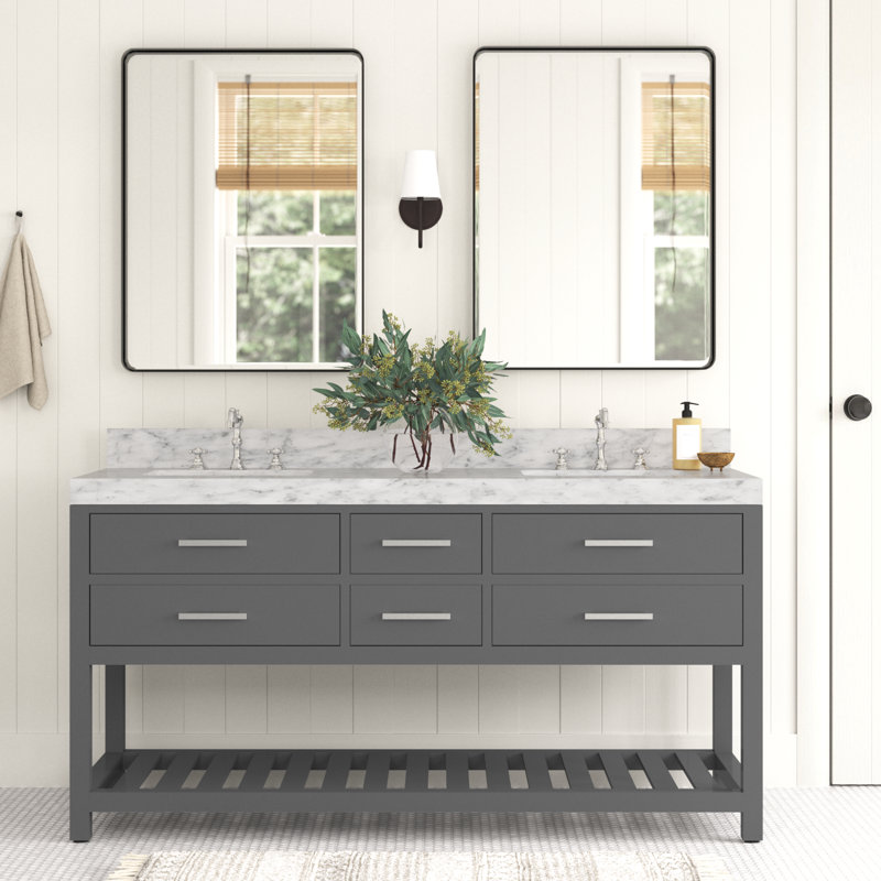Ensemble de meuble-lavabo double 60 po Carrie, Gris saphir / nickel brossé, Marbre blanc de Carrare