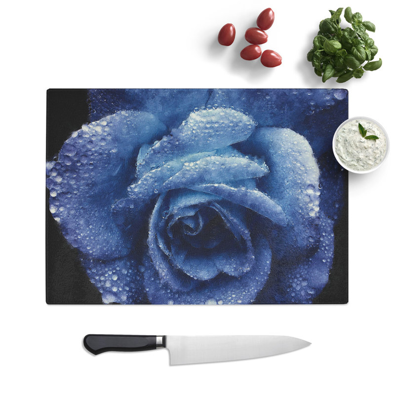 Tempered Glass Blue Rose Chopping Board, 28.5 cm x 39 cm