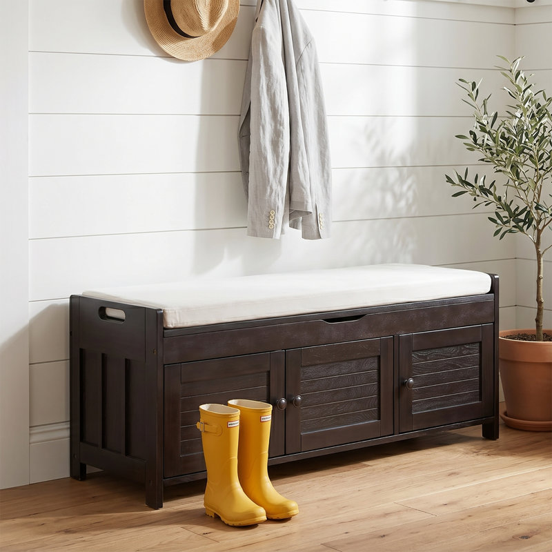 Linen Blend Upholstered Storage Bench, Espresso