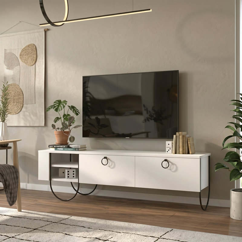 Meuble télé pour téléviseur de 65 po ou moins avec pieds en métal Alastair, Blanc