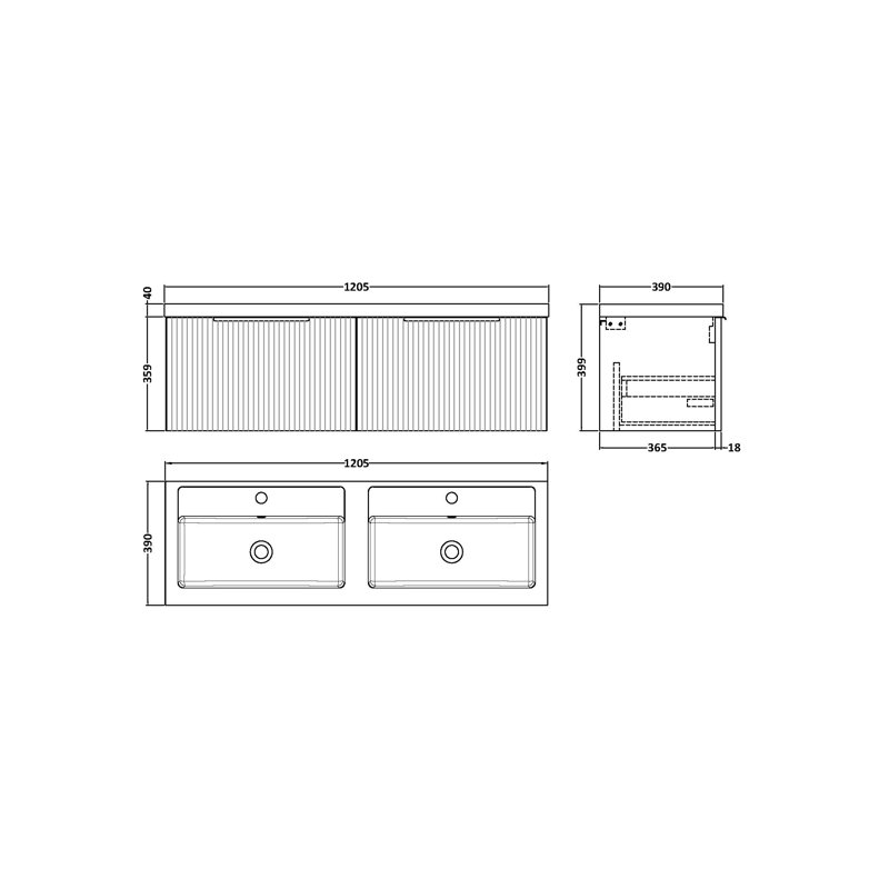Fluted Double Bathroom Vanity with Drop In Polymarble Basin, Satin Grey