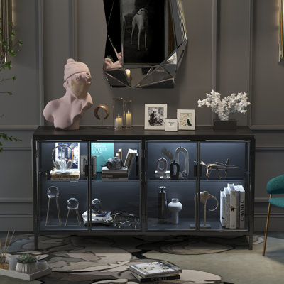 Modern Accent Cabinet With Tempered Glass Doors, Adjustable LED Lighting, And Ample Storage