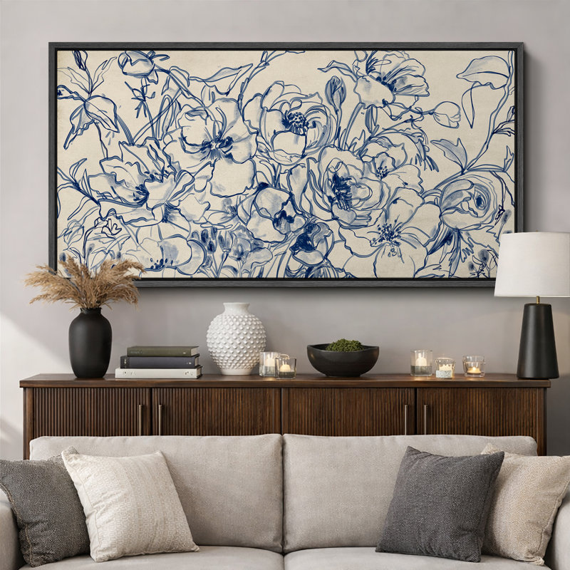 Navy Blue Abstract Flower Artwork Modern Boho Extra Large Pictures Framed Canvas Print Wall Art, 30" H x 60" W, Black