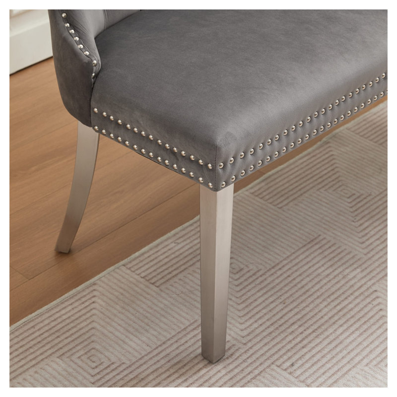 Banc de causeuse double en velours gris avec pieds en acier inoxydable argenté brossé, siège pour îlot de cuisine pour deux