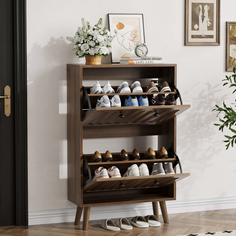 Medieval-Style Modern Shoe Cabinet, Upright Shoe Storage Unit With Vertical Grooved Finish, Walnut-Colored Shoe Cabinet, Suitable For Hallways, Passageways And Entrances