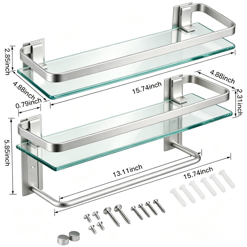 2-Tier Tempered Glass Wall Shelf 15.7 Inch with Towel Bar, Rustproof Metal Floating Storage Rack for Bathroom Kitchen Bedroom