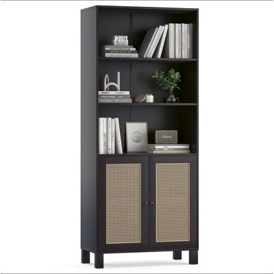 Grande bibliothèque avec portes en rotin, 5 tablettes de rangement en bois, grande bibliothèque pour bibliothèque, salon, bureau à domicile