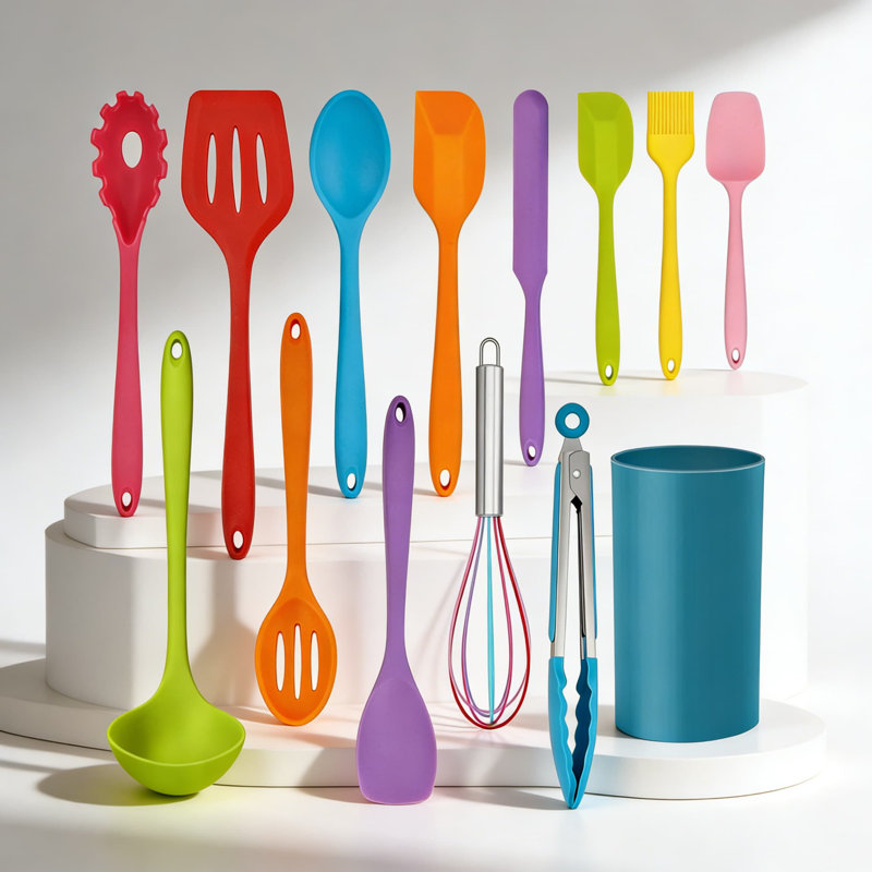 Ensemble d'ustensiles de cuisine en silicone 14 pièces avec porte-ustensiles de cuisine anti-égratignures résistant à la chaleur comprenant une spatule, une cuillère, un turner, un fouet, des pinces et des ustensiles de cuisine allant au lave-vaisselle