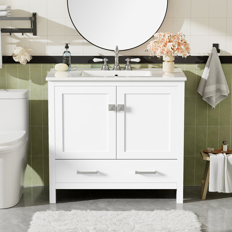 Meuble-lavabo de 36 po avec lavabo en céramique, portes à fermeture douce, tablettes de rangement doubles et tiroir divisé - Armoire de salle de bain moderne avec beaucoup de rangement