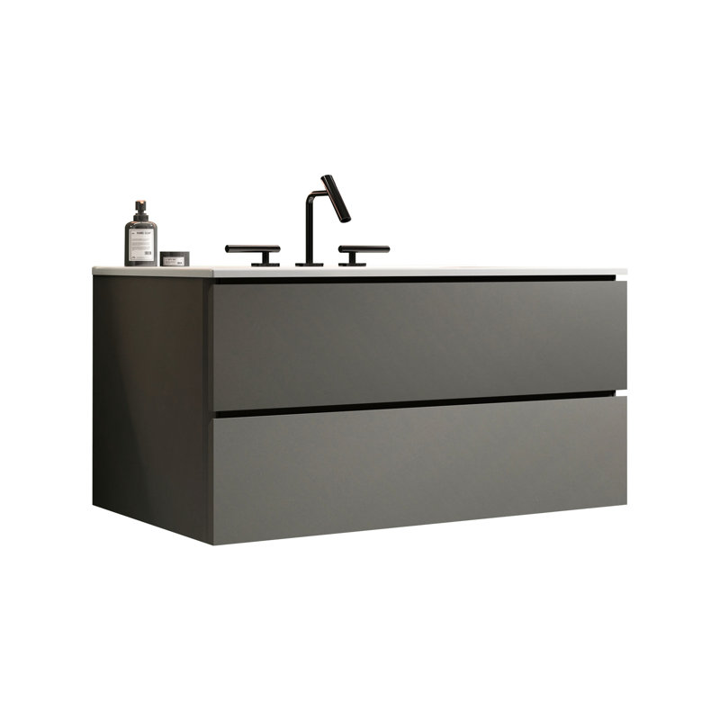 Poignées élégantes - Meuble-lavabo blanc + gris - Lavabo en céramique gris clair E1 pour plan de salle de bain moderne, armoire murale de 36 po de grande capacité avec tiroirs silencieux