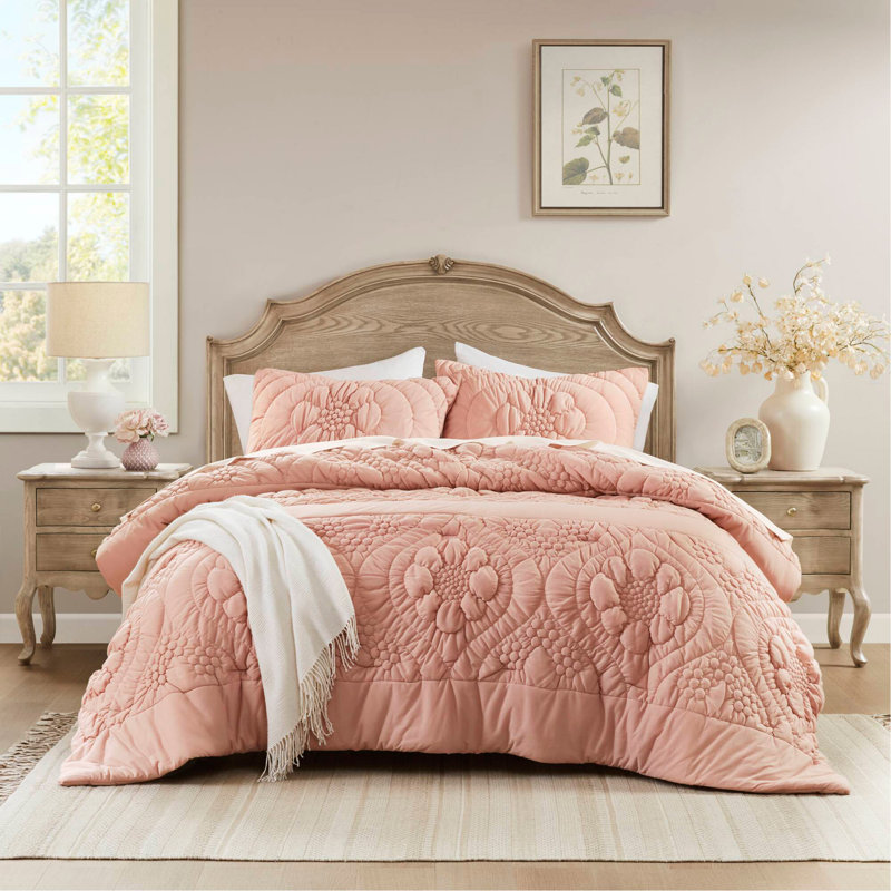 Ensemble d'édredon 3 pièces pour très grand lit, rose