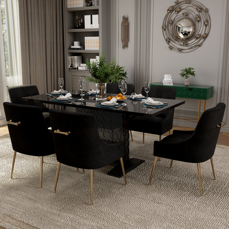 Magallanes 6-Person Extendable Table Dining Set with Velvet Dining Chair, Black, Black