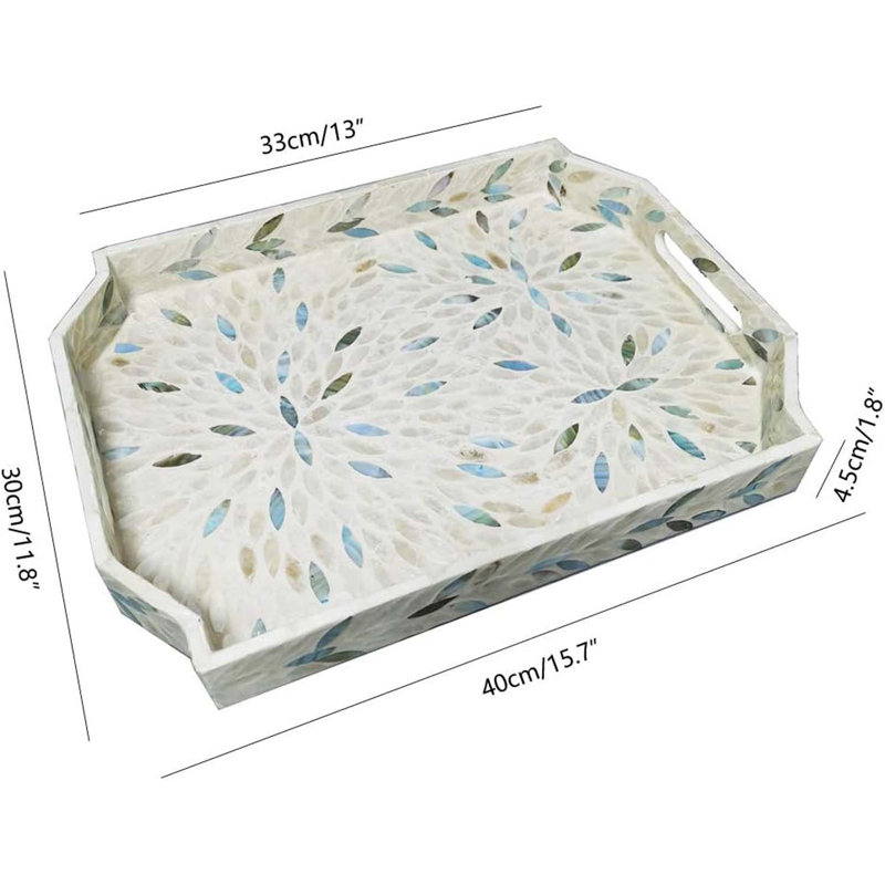 16 Inch Mother Of Pearl Tray Dodecagon, Large Lacquer Shell Tray With Handles And 2”Side, Decorative Shell Serving Tray Inlay Nacre Ottoman Tray For Coffee Table, Vanity Organizer, Breakfast