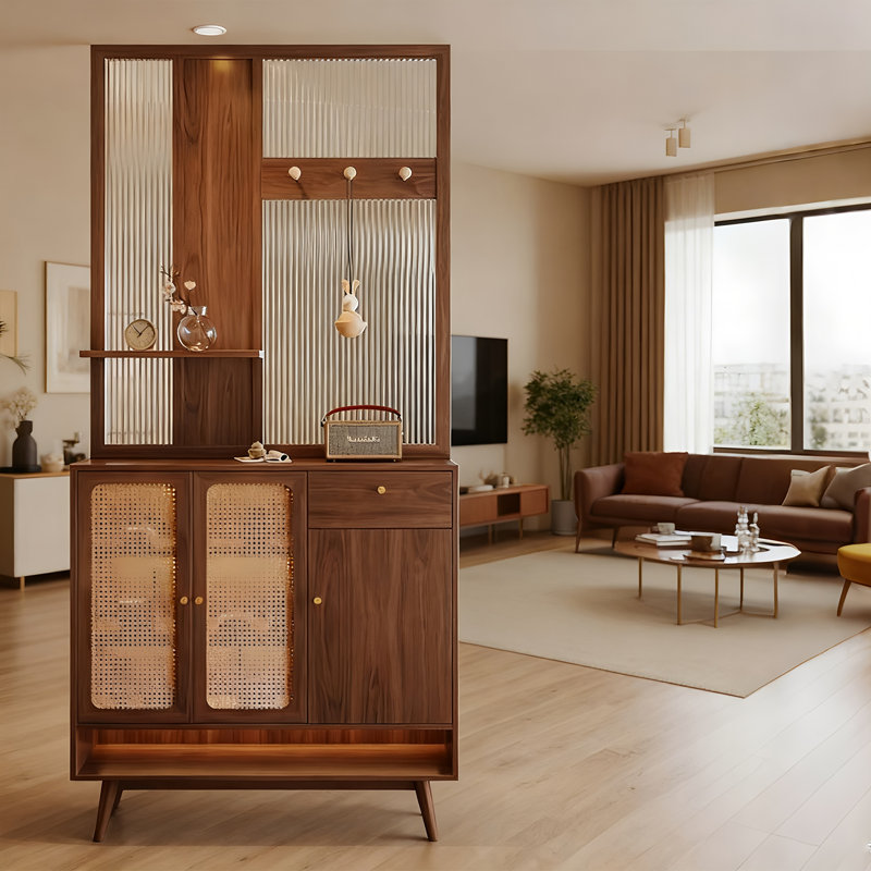 Nouvelle cloison en verre de style chinois de 47,24 po avec armoires en bois massif, H 90,55 po x l 47,24 po x P 13,78 po