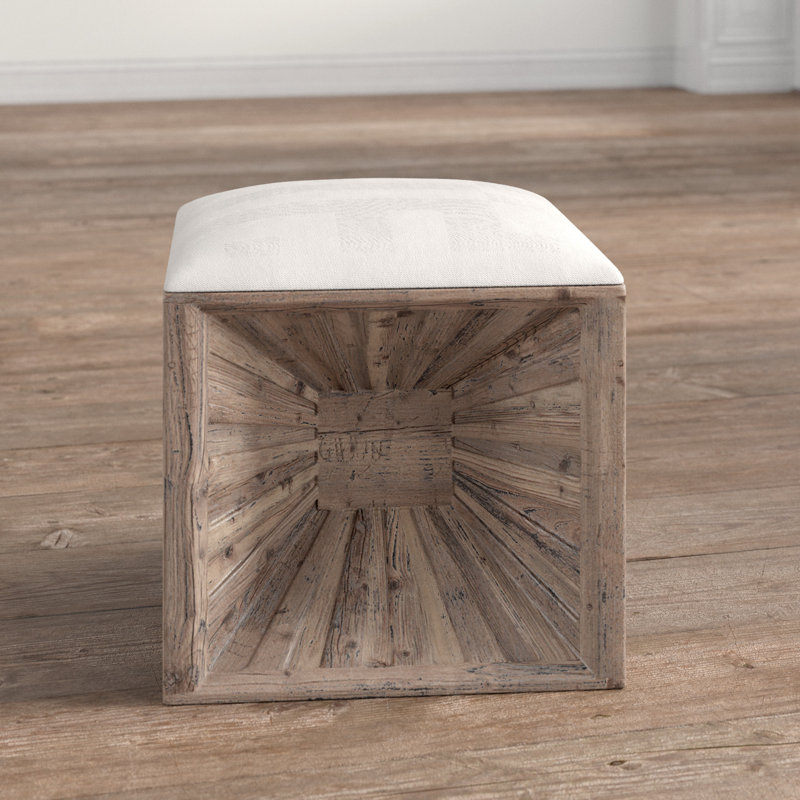 Natural Fir Wood Cube Ottoman with Linen Cushion