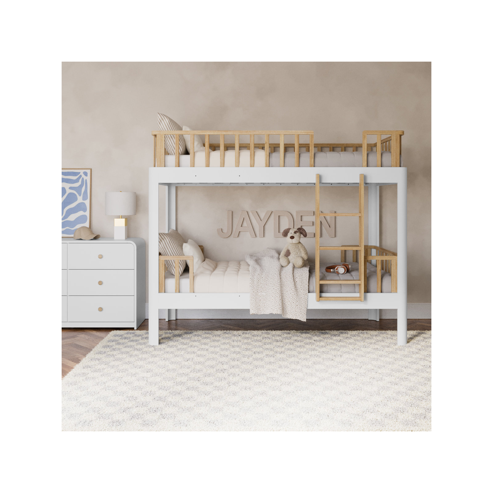 Santos Twin-Over-Twin Bunk Bed, White/Natural